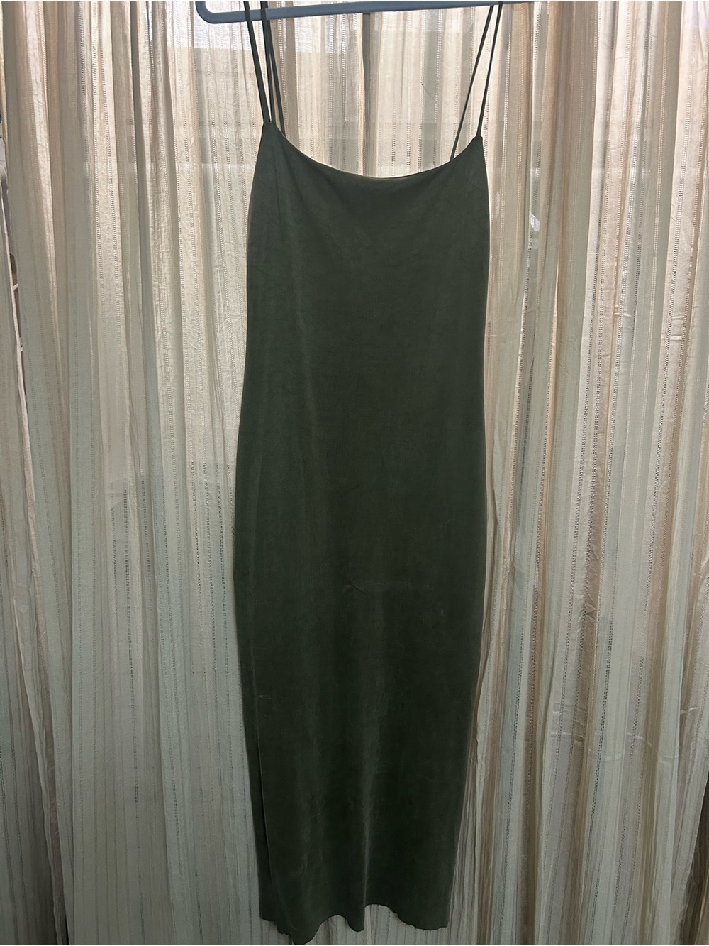 Gold Slip Midi Dress with Thin Straps - Minimalist Women's Dress